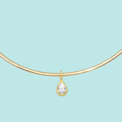 Sig Ward Jewelry 14K YG Omega Pear Shape Diamond Solitaire Collar featuring a pear shape diamond solitaire set on a polished 14K yellow gold Omega collar necklace.