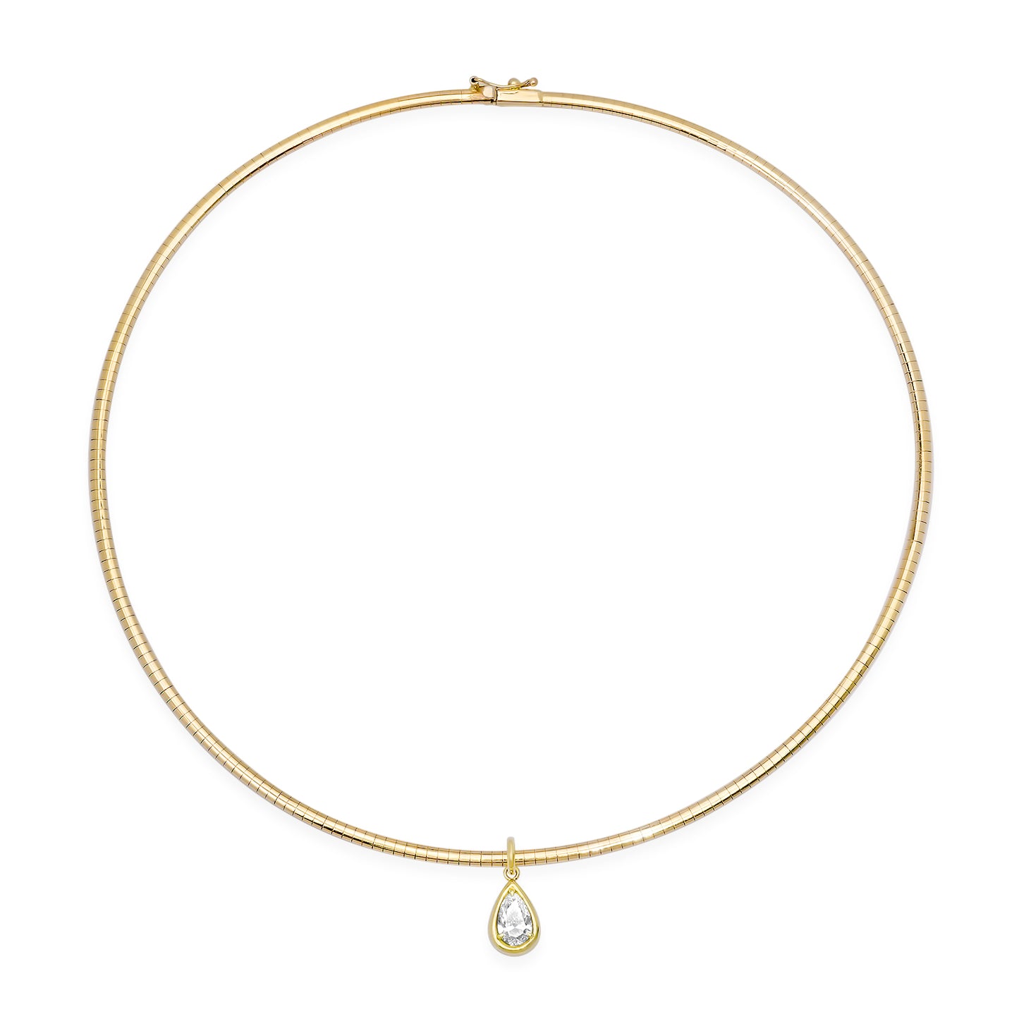 Sig Ward Jewelry 14K YG Omega Pear Shape Diamond Solitaire Collar featuring a pear shape diamond solitaire suspended from a polished yellow gold Omega collar necklace.