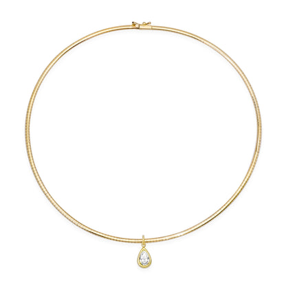 Sig Ward Jewelry 14K YG Omega Pear Shape Diamond Solitaire Collar featuring a pear shape diamond solitaire suspended from a polished yellow gold Omega collar necklace.
