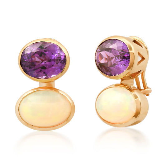 Sig Ward Jewelry 14K yellow gold Opal and Amethyst Duo Earrings featuring natural opal and amethyst gemstones in a handcrafted luxury fine jewelry design inspired by modern heirlooms.