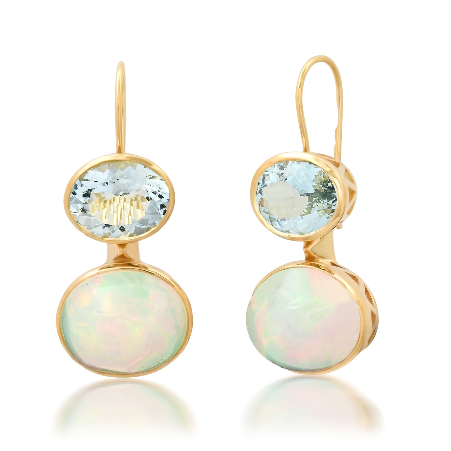 Sig Ward Jewelry 14K yellow gold Opal and Aquamarine Duo Earrings featuring natural opal and aquamarine gemstones in a handcrafted luxury fine jewelry design inspired by modern heirlooms.