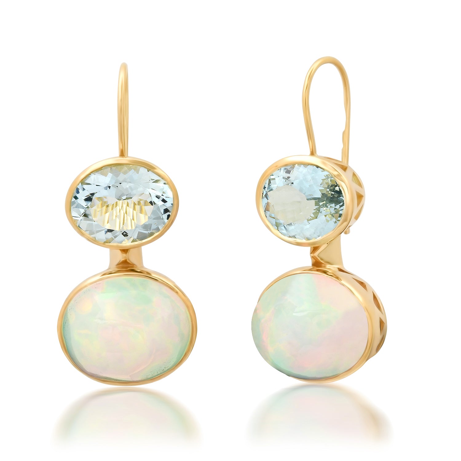 Sig Ward Jewelry 14K yellow gold Opal and Aquamarine Duo Earrings featuring natural opal and aquamarine gemstones in a handcrafted luxury fine jewelry design inspired by modern heirlooms.