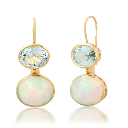 Sig Ward Jewelry 14K yellow gold Opal and Aquamarine Duo Earrings featuring natural opal and aquamarine gemstones in a handcrafted luxury fine jewelry design inspired by modern heirlooms.