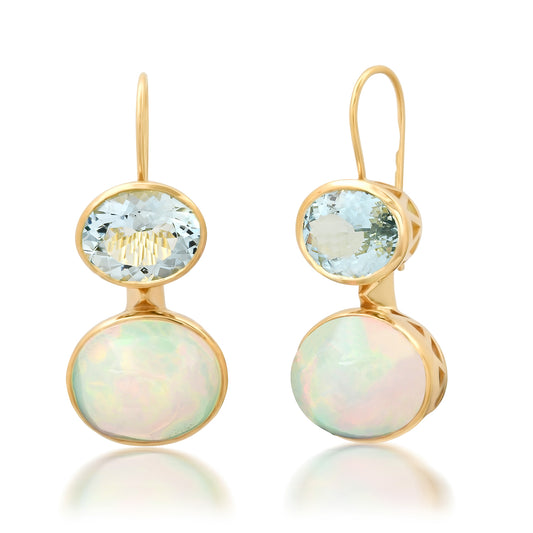 Sig Ward Jewelry 14K yellow gold Opal and Aquamarine Duo Earrings featuring natural opal and aquamarine gemstones in a handcrafted luxury fine jewelry design inspired by modern heirlooms.