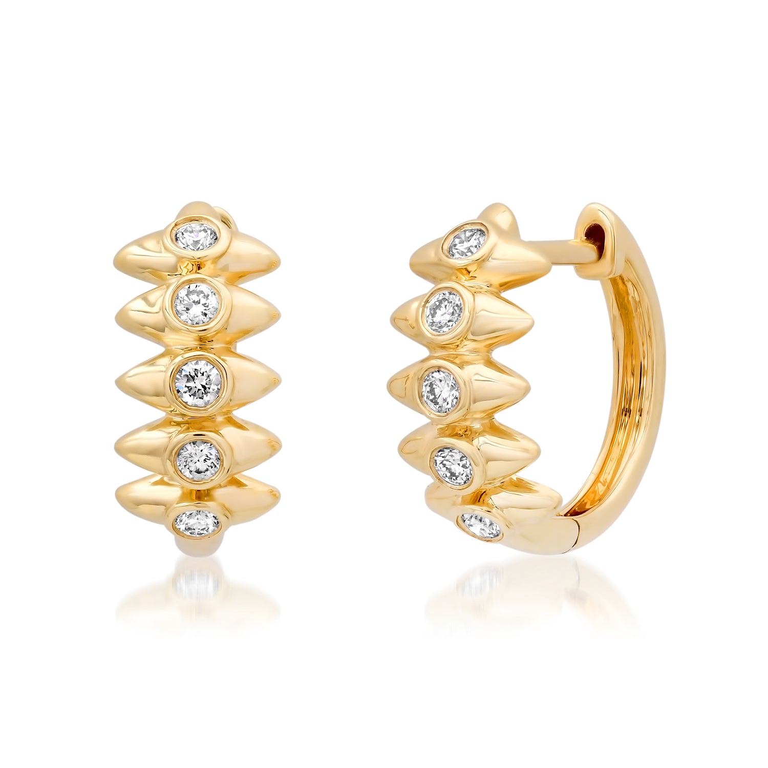 Sig Ward Jewelry 14K YG Orbis Diamond Huggies featuring bezel-set emerald cut diamonds in polished yellow gold hoop earrings.