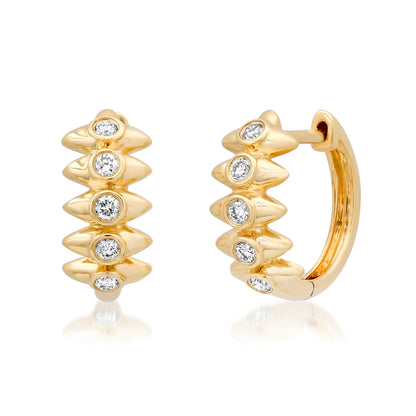 Sig Ward Jewelry 14K YG Orbis Diamond Huggies featuring bezel-set emerald cut diamonds in polished yellow gold hoop earrings.