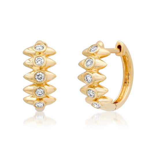 Sig Ward Jewelry 14K YG Orbis Diamond Huggies featuring bezel-set emerald cut diamonds in polished yellow gold hoop earrings.