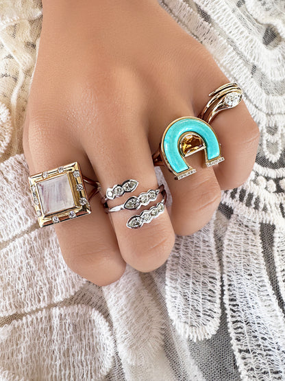 Sig Ward Jewelry 14K Yellow Gold Pear Shape Diamond Snake Pinky, Horseshoe Ring on Model