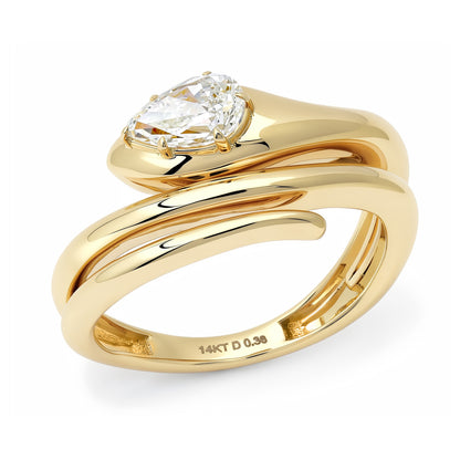 Sig Ward Jewelry Yellow 14K Gold Snake Ring with Pear Shape Diamond on White Background