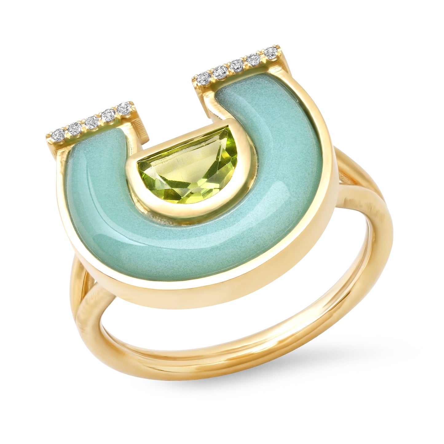 14K Yellow Gold Horseshoe Ring Featuring Peridot, Chrysoprase, And Diamond Accents By Sig Ward Jewelry.