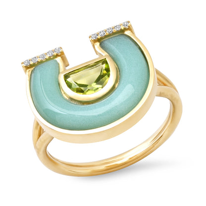 14K Yellow Gold Horseshoe Ring Featuring Peridot, Chrysoprase, And Diamond Accents By Sig Ward Jewelry.