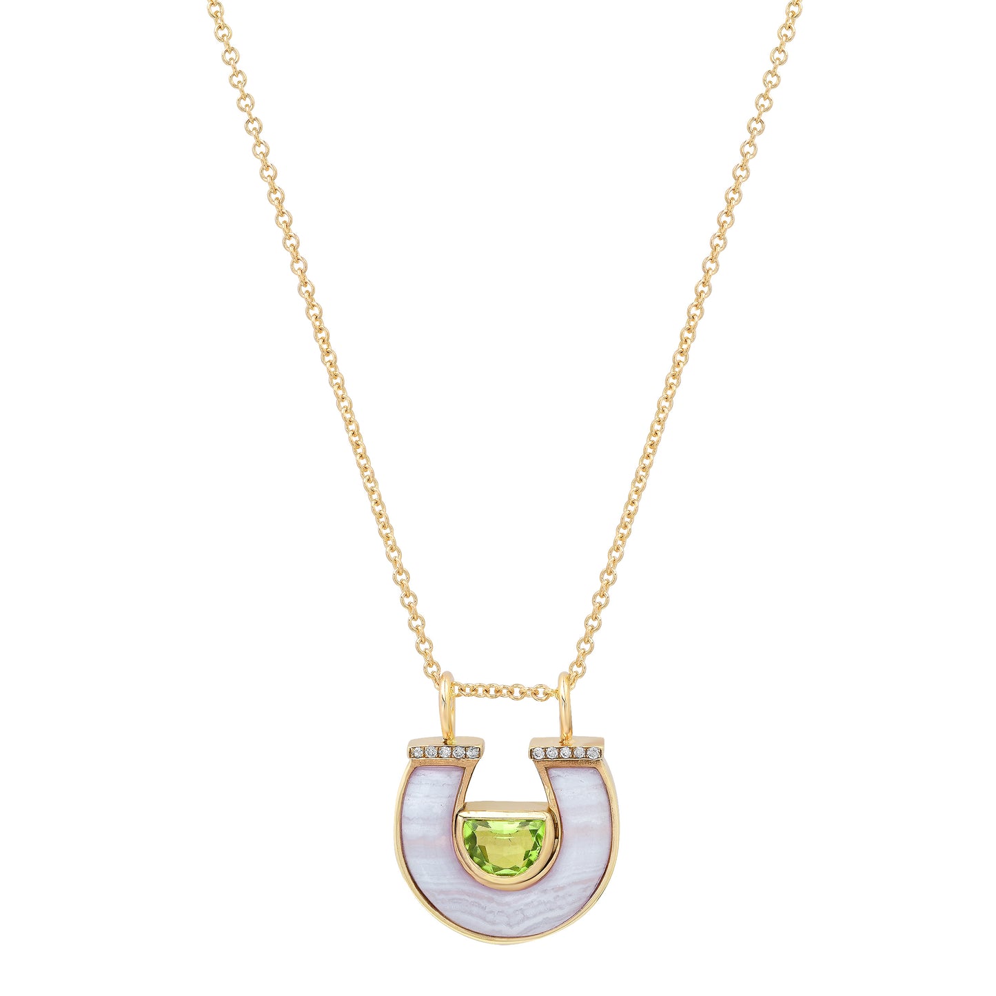 14K yellow gold Peridot, Lace Agate, and Diamond Horseshoe Necklace by Sig Ward Jewelry, featuring a natural peridot gemstone, lace agate inlay, and diamond accents in an elegant horseshoe pendant design.