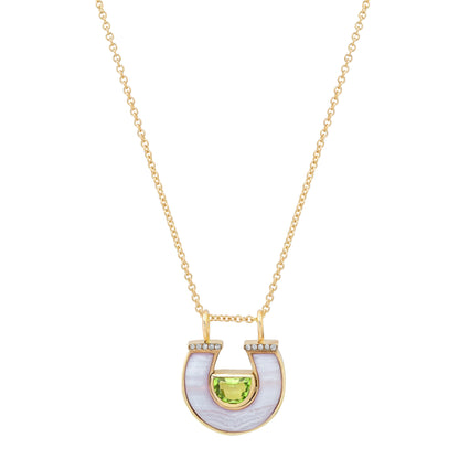 14K yellow gold Peridot, Lace Agate, and Diamond Horseshoe Necklace by Sig Ward Jewelry, featuring a natural peridot gemstone, lace agate inlay, and diamond accents in an elegant horseshoe pendant design.