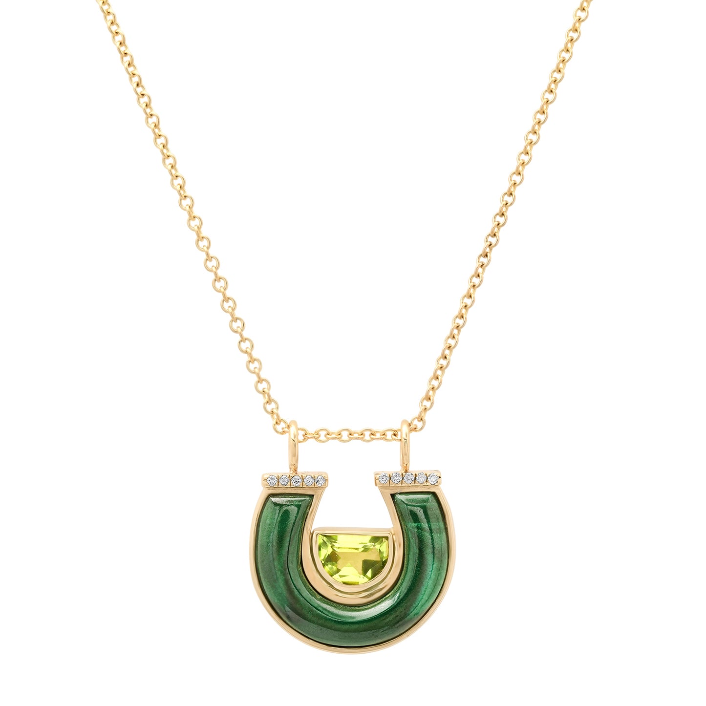 Sig Ward Jewelry 14K Yellow Gold Peridot, Malachite and Diamond Horseshoe Necklace