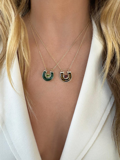 Sig Ward Jewelry 14K Yellow Gold Peridot, Malachite and Diamond Horseshoe Necklace and Garnet, Tiger's Eye and Diamond Horseshoe Necklace