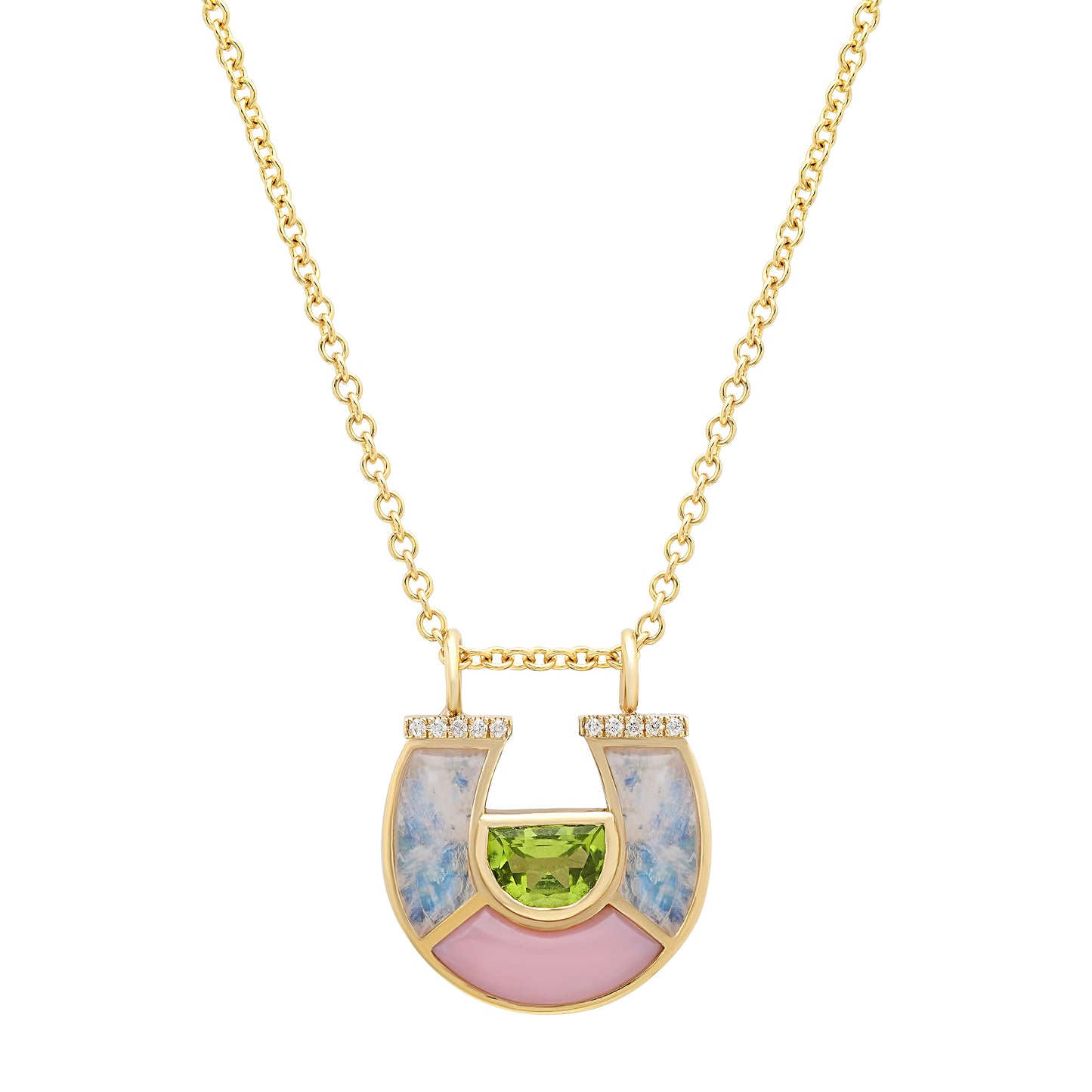 Sig Ward Jewelry 14K Yellow Gold Peridot, Moonstone, Pink Opal and Diamond Horseshoe Necklace featuring natural peridot, moonstone, pink opal, and brilliant diamonds in an elegant horseshoe pendant.