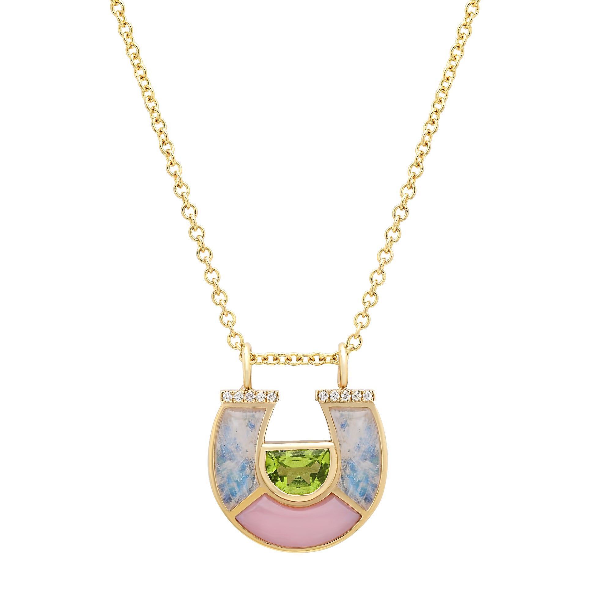 Sig Ward Jewelry 14K Yellow Gold Peridot, Moonstone, Pink Opal and Diamond Horseshoe Necklace featuring natural peridot, moonstone, pink opal, and brilliant diamonds in an elegant horseshoe pendant.