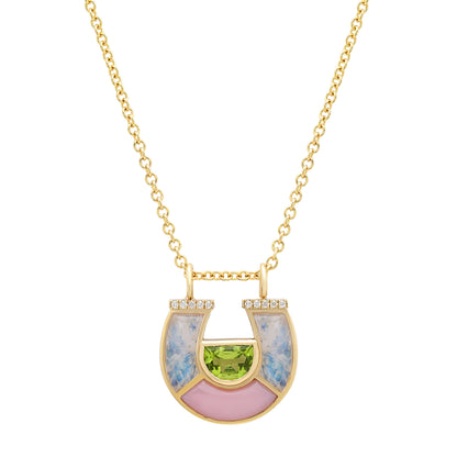 Sig Ward Jewelry 14K Yellow Gold Peridot, Moonstone, Pink Opal and Diamond Horseshoe Necklace featuring natural peridot, moonstone, pink opal, and brilliant diamonds in an elegant horseshoe pendant.