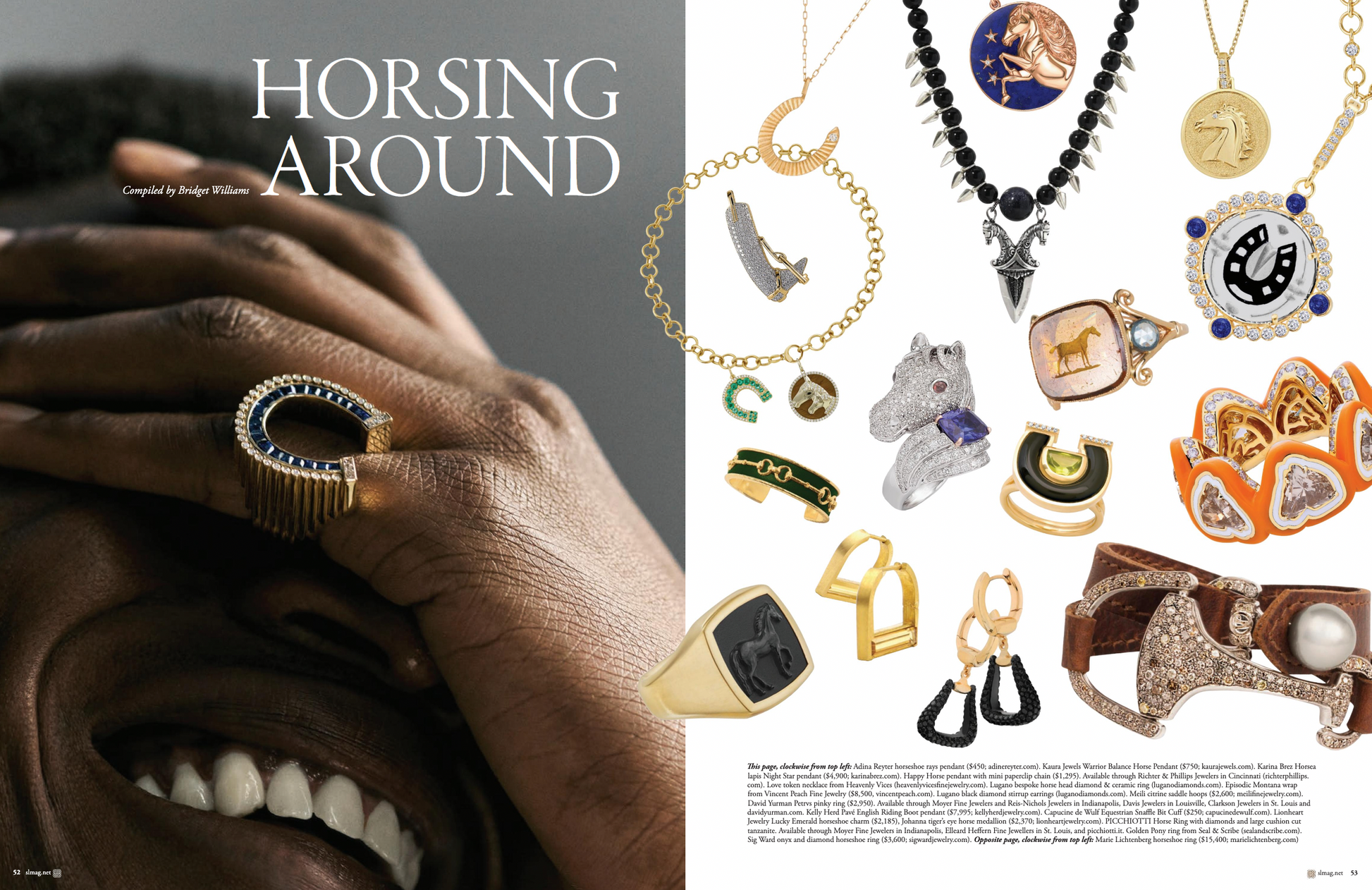 Sig Ward Jewelry 14K yellow gold horseshoe ring featuring natural peridot, black onyx, and diamond accents, handcrafted as a luxury fine jewelry talisman with a modern heirloom-inspired design.