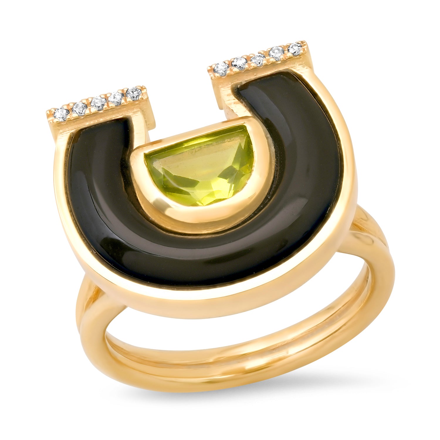 Sig Ward Jewelry 14K yellow gold Peridot, Onyx and Diamond Horseshoe Ring featuring natural peridot, onyx, and diamond accents in a handcrafted luxury fine jewelry design with a symbolic horseshoe motif inspired by modern heirloom style.