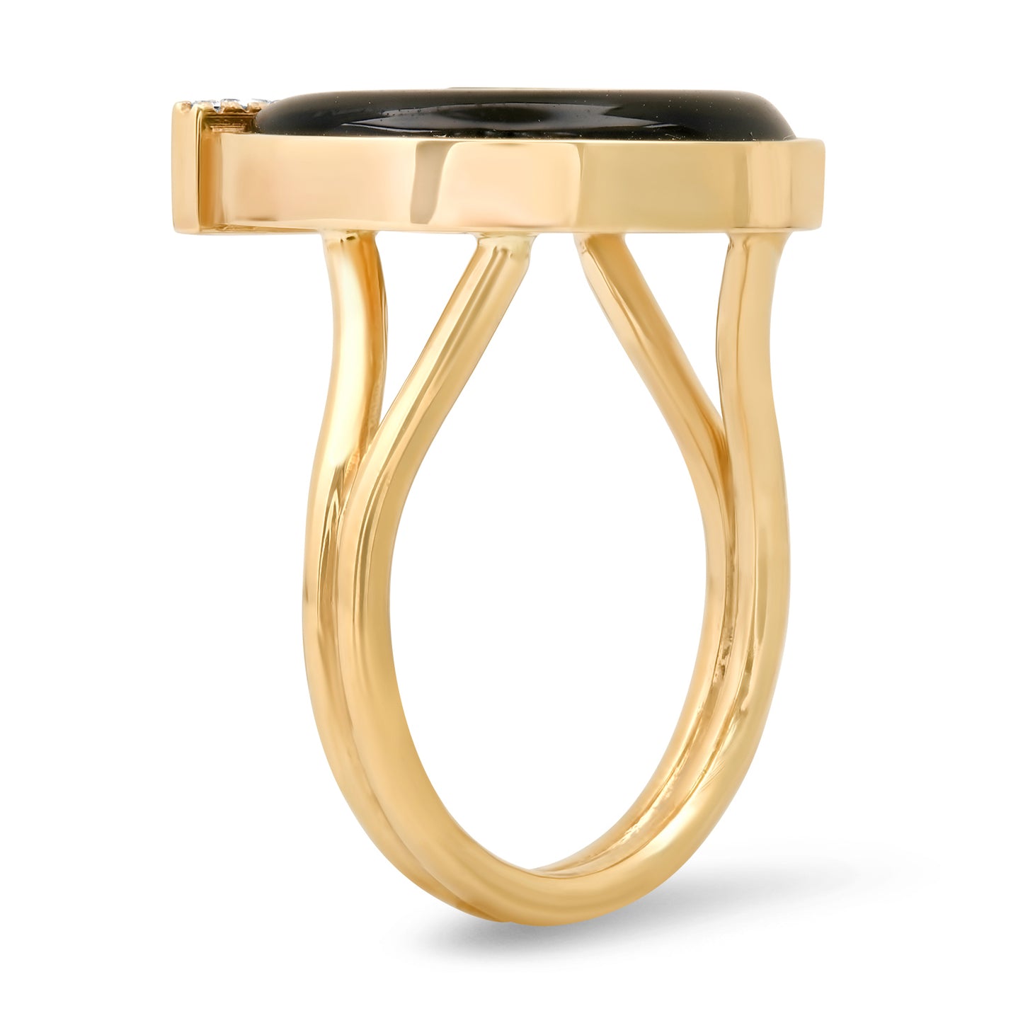 Sig Ward Jewelry 14K yellow gold Peridot, Onyx and Diamond Horseshoe Ring featuring natural peridot, onyx, and diamond accents in a handcrafted luxury fine jewelry design with a symbolic horseshoe motif inspired by modern heirloom style.