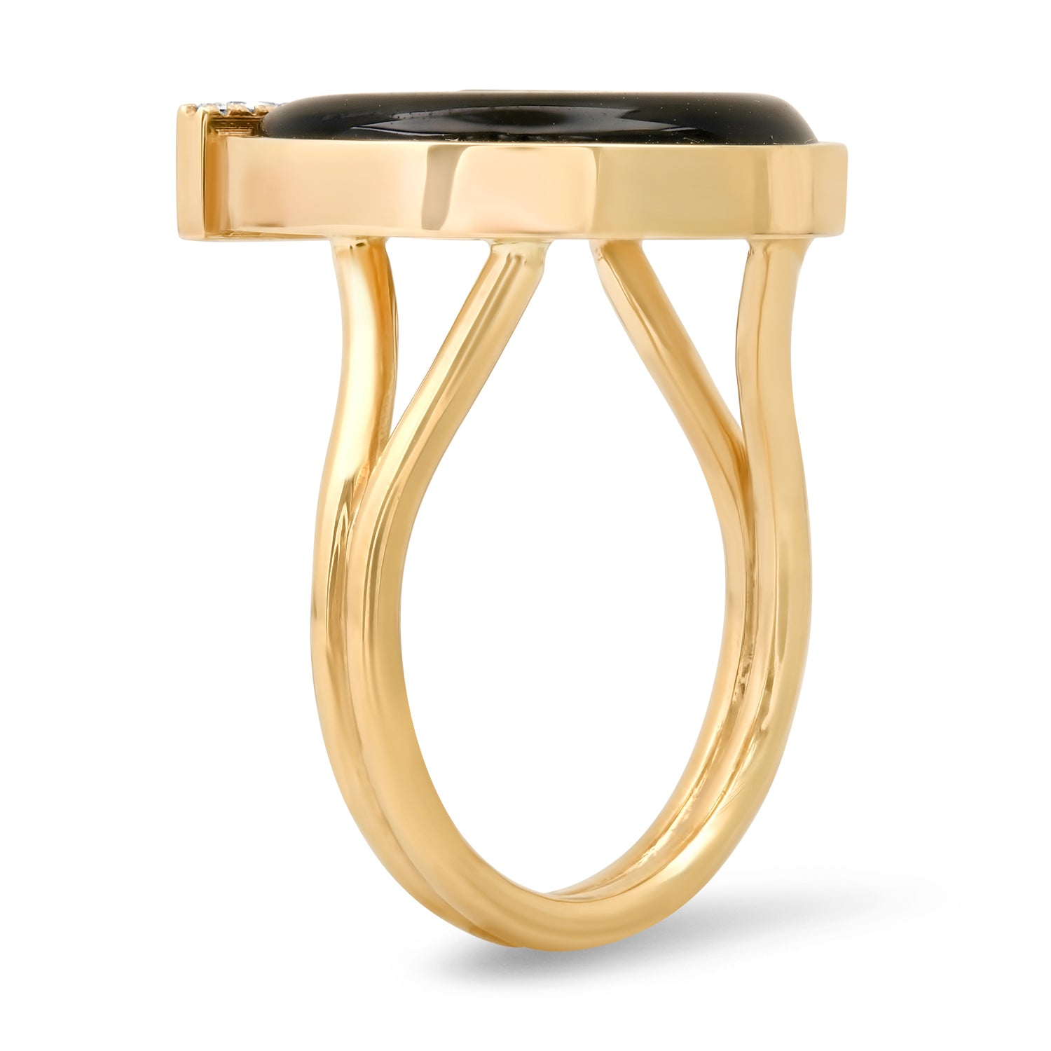 Sig Ward Jewelry 14K yellow gold Peridot, Onyx and Diamond Horseshoe Ring featuring natural peridot, onyx, and diamond accents in a handcrafted luxury fine jewelry design with a symbolic horseshoe motif inspired by modern heirloom style.