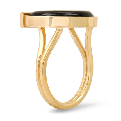 Sig Ward Jewelry 14K yellow gold Peridot, Onyx and Diamond Horseshoe Ring featuring natural peridot, onyx, and diamond accents in a handcrafted luxury fine jewelry design with a symbolic horseshoe motif inspired by modern heirloom style.