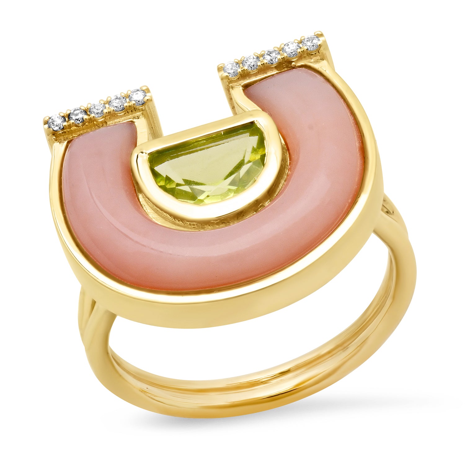 14K Yellow Gold Horseshoe Ring Featuring Peridot, Pink Opal, And Diamond Accents By Sig Ward Jewelry.