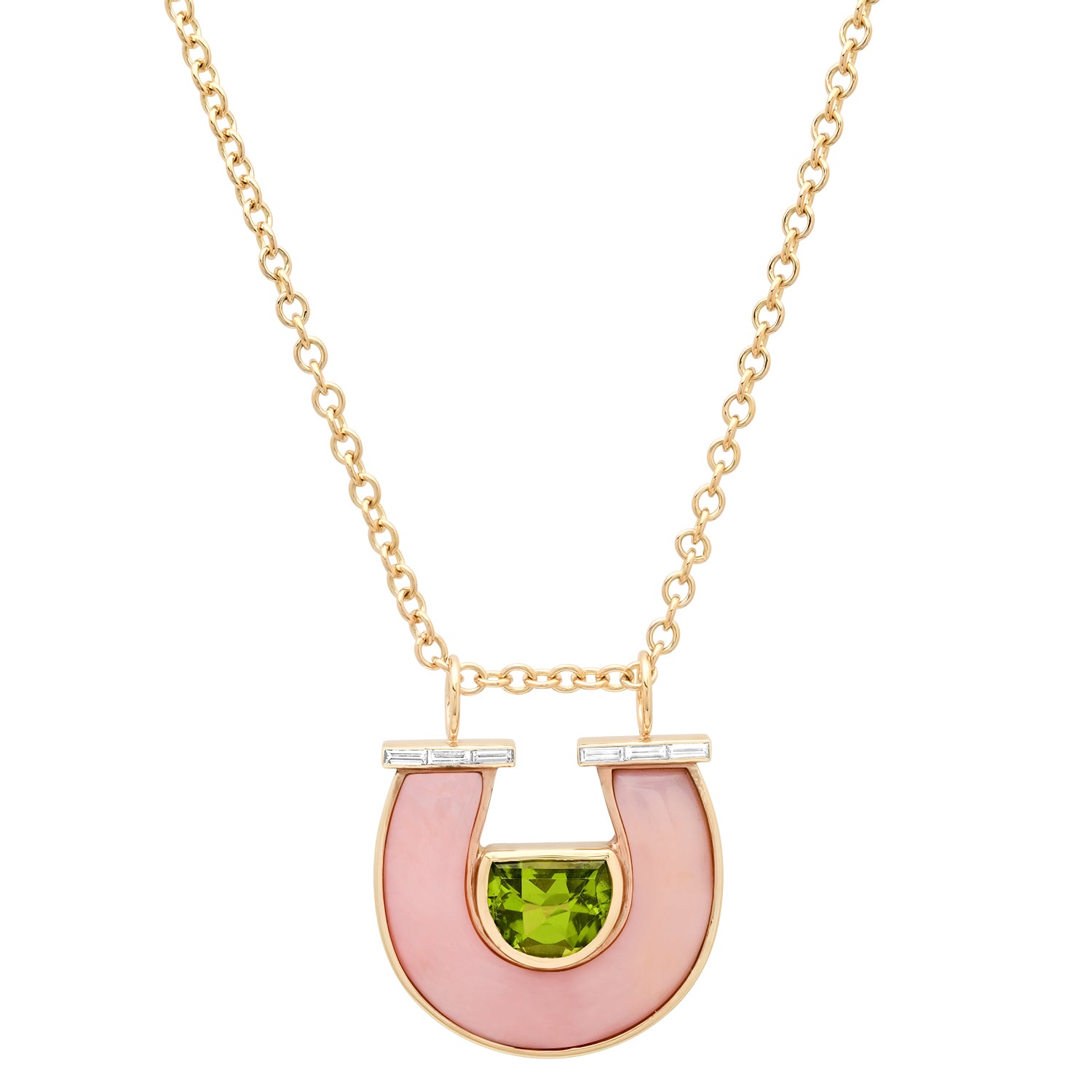 Sig Ward Jewelry 14K YG Peridot, Pink Opal and Baguette Diamond Horseshoe Necklace featuring vibrant gemstones and baguette diamond accents in a luxurious yellow gold horseshoe pendant design.
