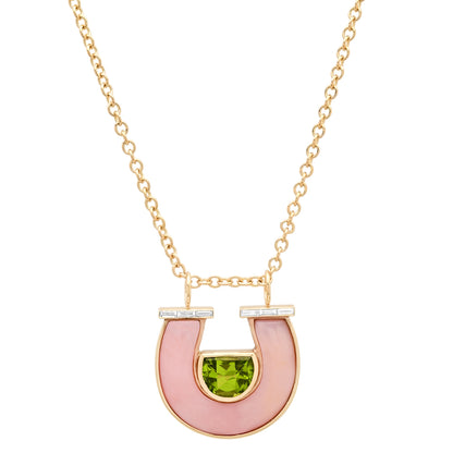 Sig Ward Jewelry 14K YG Peridot, Pink Opal and Baguette Diamond Horseshoe Necklace featuring vibrant gemstones and baguette diamond accents in a luxurious yellow gold horseshoe pendant design.