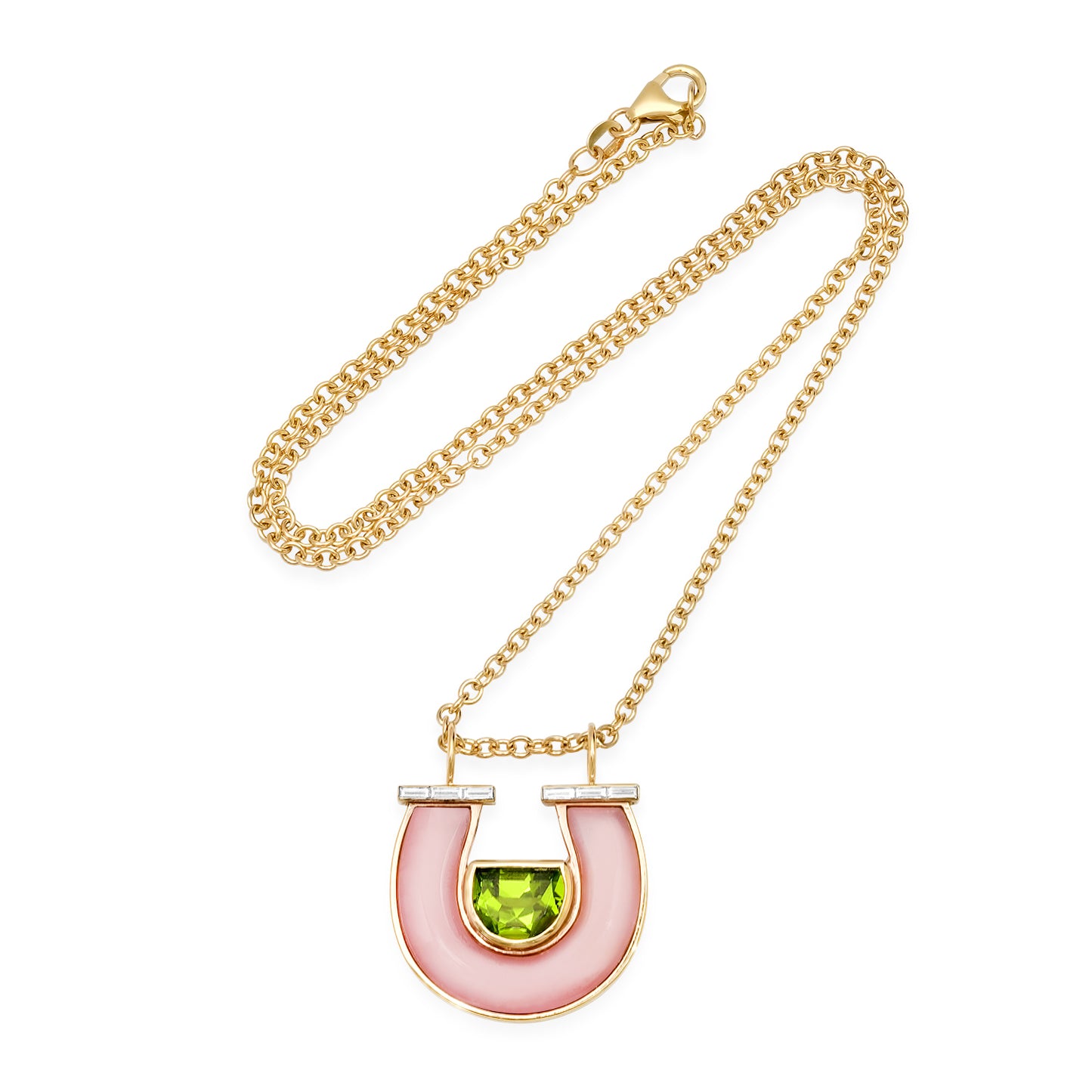 Sig Ward Jewelry 14K YG Peridot, Pink Opal and Baguette Diamond Horseshoe Necklace featuring vibrant gemstones and baguette diamond accents in a luxurious yellow gold horseshoe pendant design.

