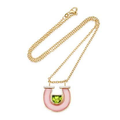 Sig Ward Jewelry 14K YG Peridot, Pink Opal and Baguette Diamond Horseshoe Necklace featuring vibrant gemstones and baguette diamond accents in a luxurious yellow gold horseshoe pendant design.

