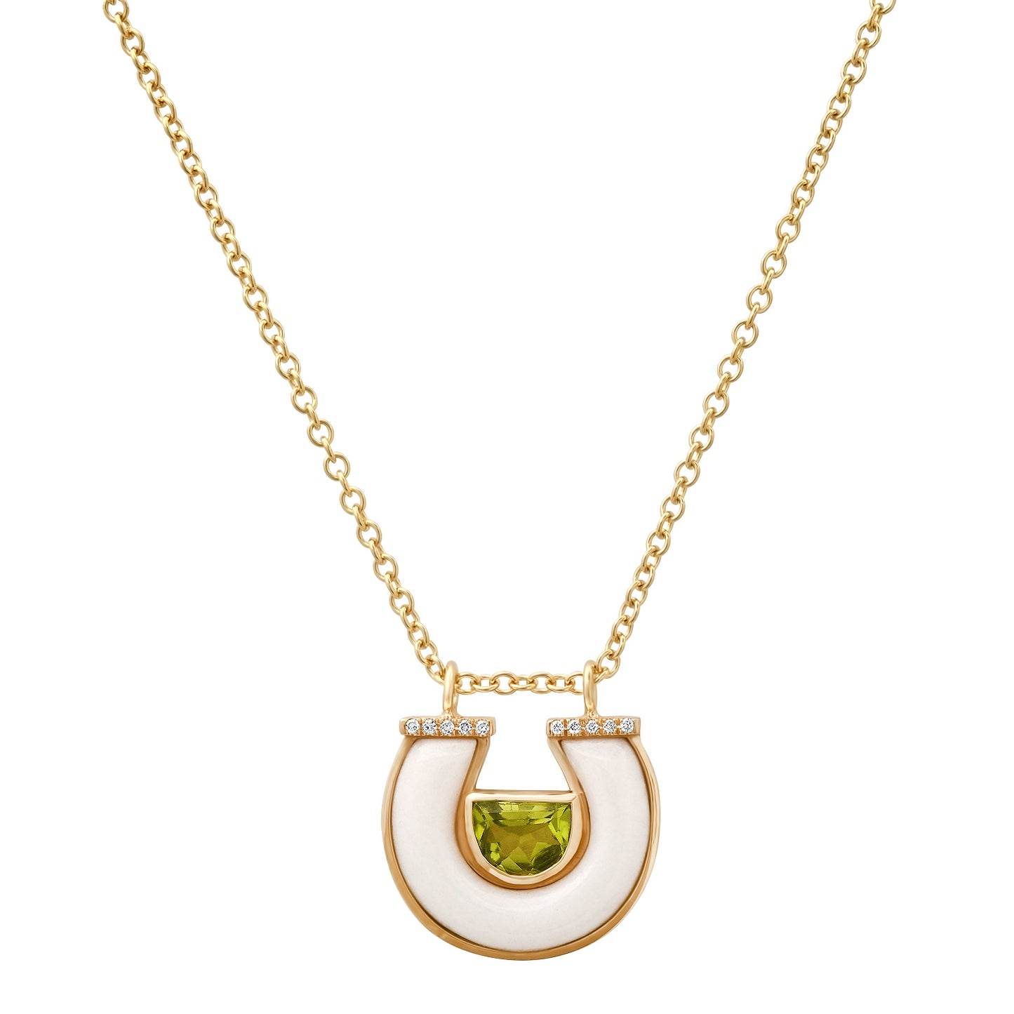 14K Yellow Gold Horseshoe Necklace Featuring Peridot, White Agate, And Diamond Accents By Sig Ward Jewelry.