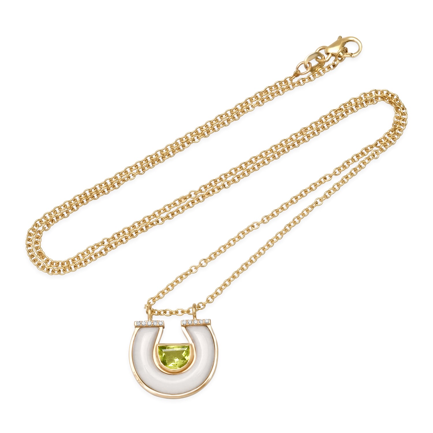 14K Yellow Gold Horseshoe Necklace Featuring Peridot, White Agate, And Diamond Accents By Sig Ward Jewelry.