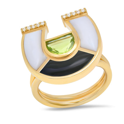 Front view of the Sig Ward Jewelry 14K Yellow Gold Peridot, White Agate, Onyx and Diamond Horseshoe Ring featuring natural peridot, white agate, onyx, and brilliant diamonds in a symbolic horseshoe design crafted in fine jewelry.