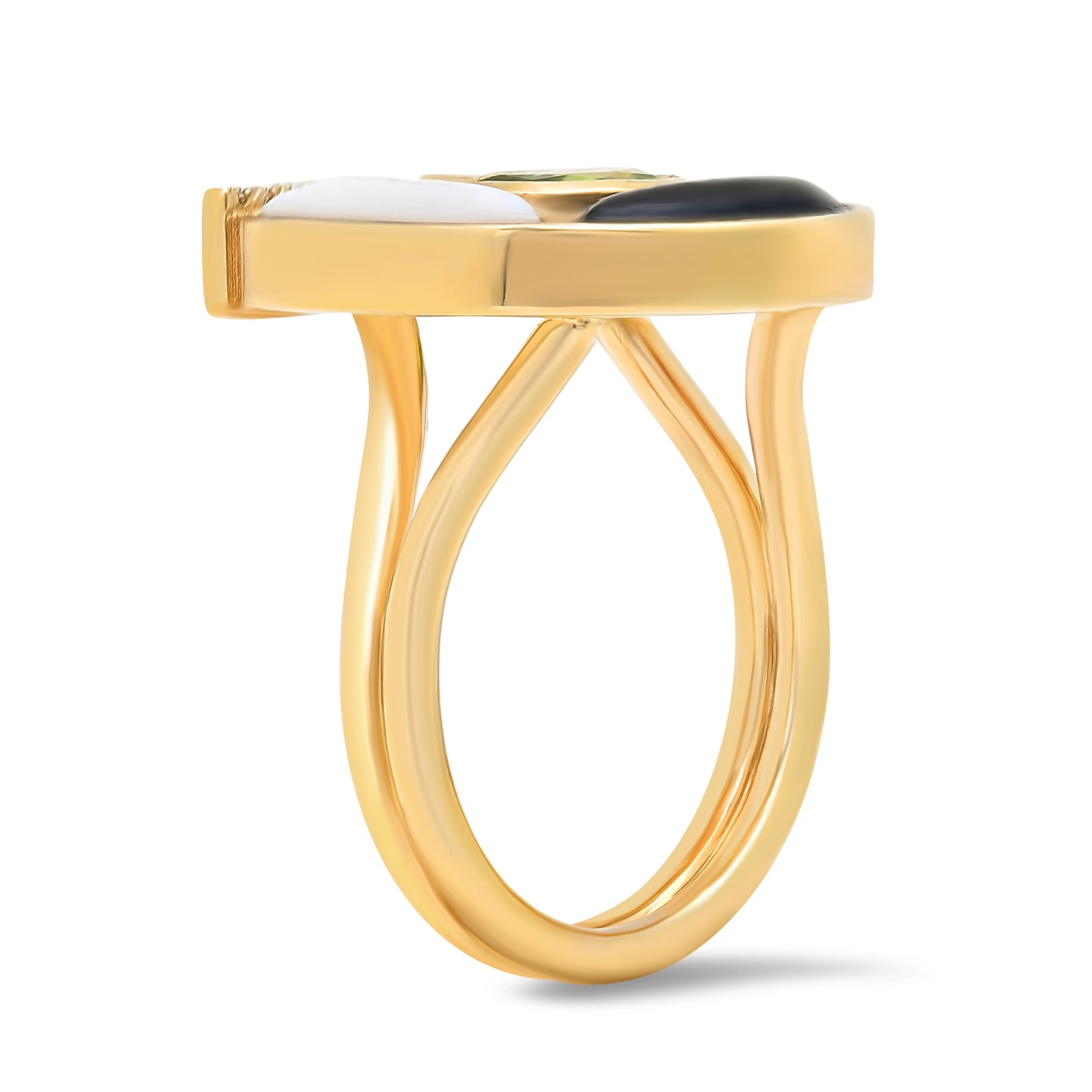 Side view of the Sig Ward Jewelry 14K Yellow Gold Peridot, White Agate, Onyx and Diamond Horseshoe Ring featuring vibrant natural gemstones, brilliant diamonds, and a polished horseshoe design in fine jewelry.