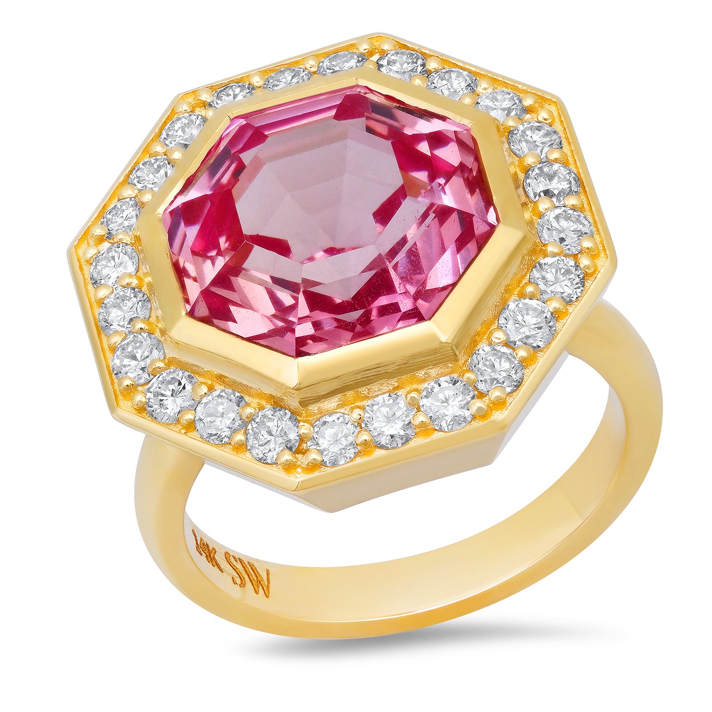 14K Yellow Gold Bia Ring Featuring Pink Ceylon Padparadscha Sapphire And Diamond By Sig Ward Jewelry.