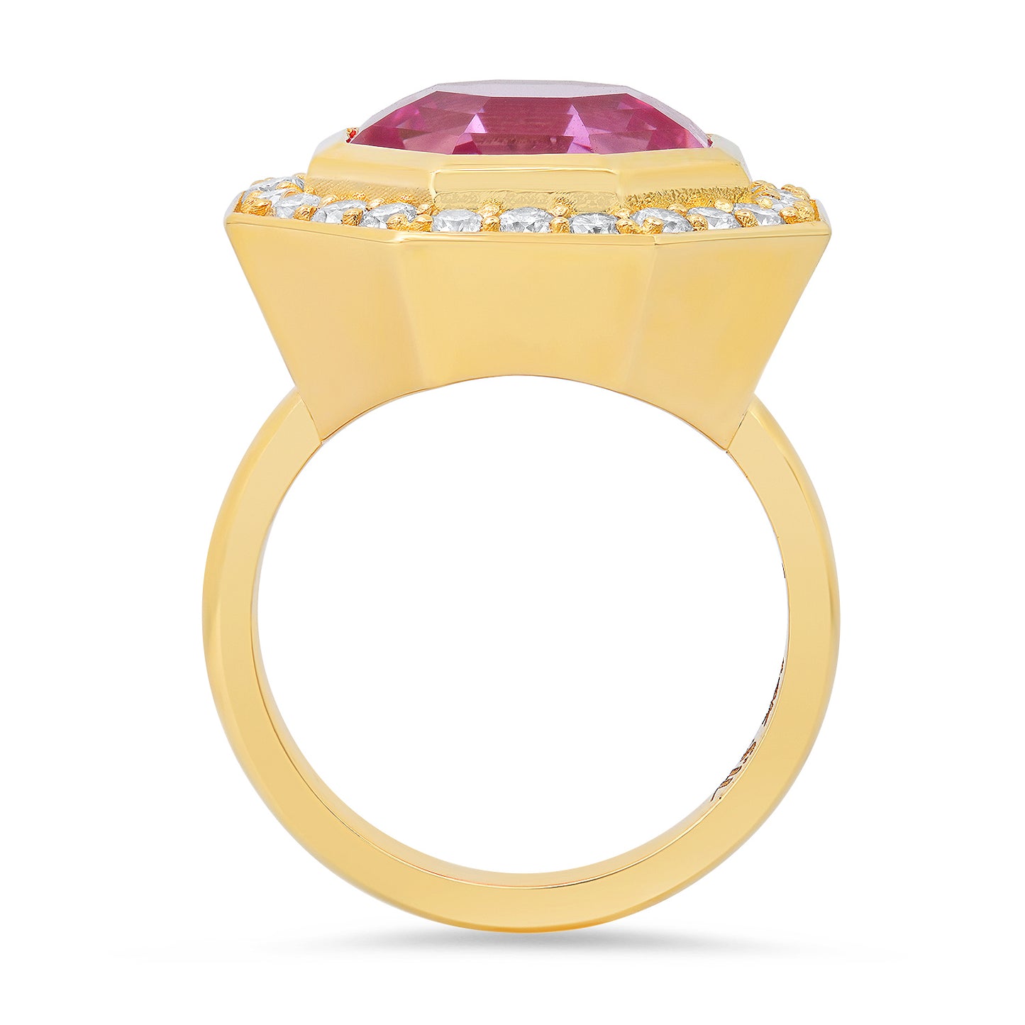 14K Yellow Gold Bia Ring Featuring Pink Ceylon Padparadscha Sapphire And Diamond By Sig Ward Jewelry.