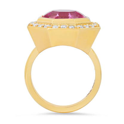 14K Yellow Gold Bia Ring Featuring Pink Ceylon Padparadscha Sapphire And Diamond By Sig Ward Jewelry.