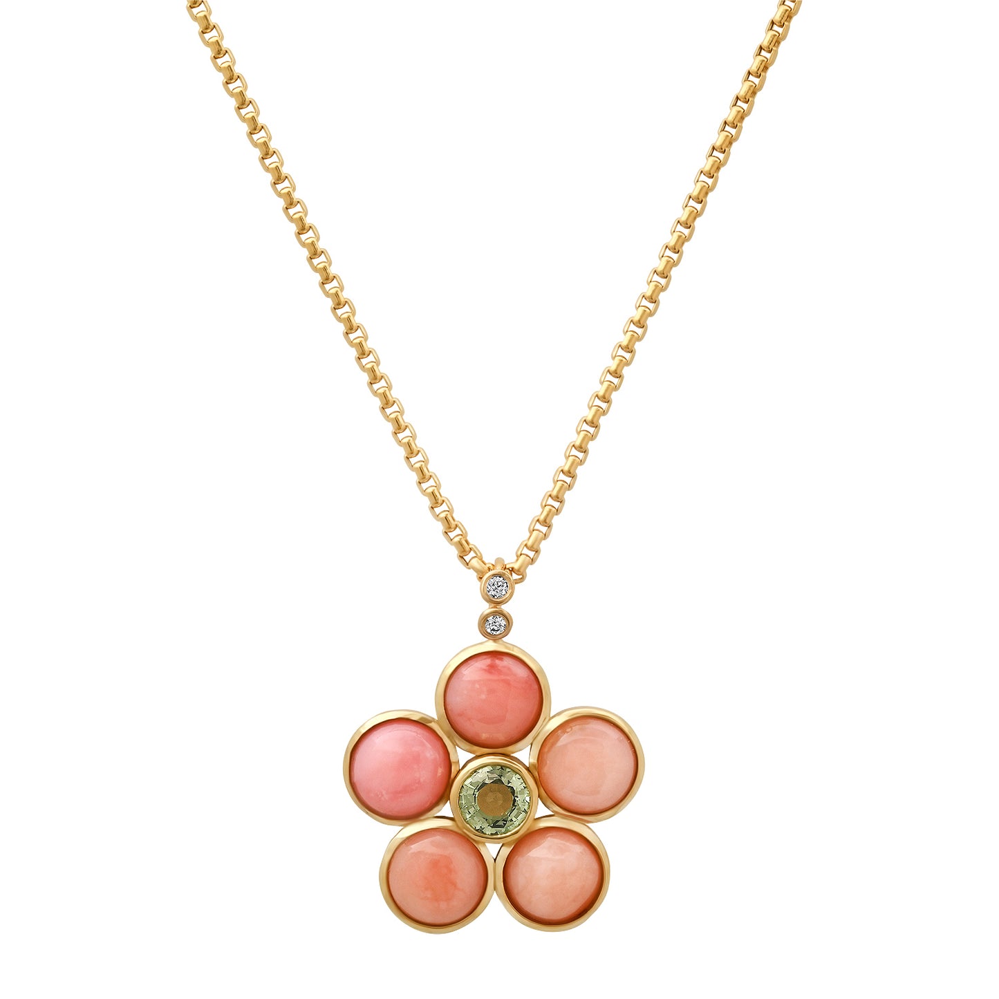 14K Yellow Gold Blossom Necklace Featuring Pink Opal, Green Tourmaline, And Diamond Accents By Sig Ward Jewelry.