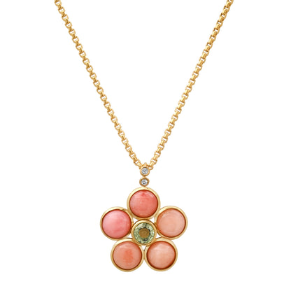 14K Yellow Gold Blossom Necklace Featuring Pink Opal, Green Tourmaline, And Diamond Accents By Sig Ward Jewelry.