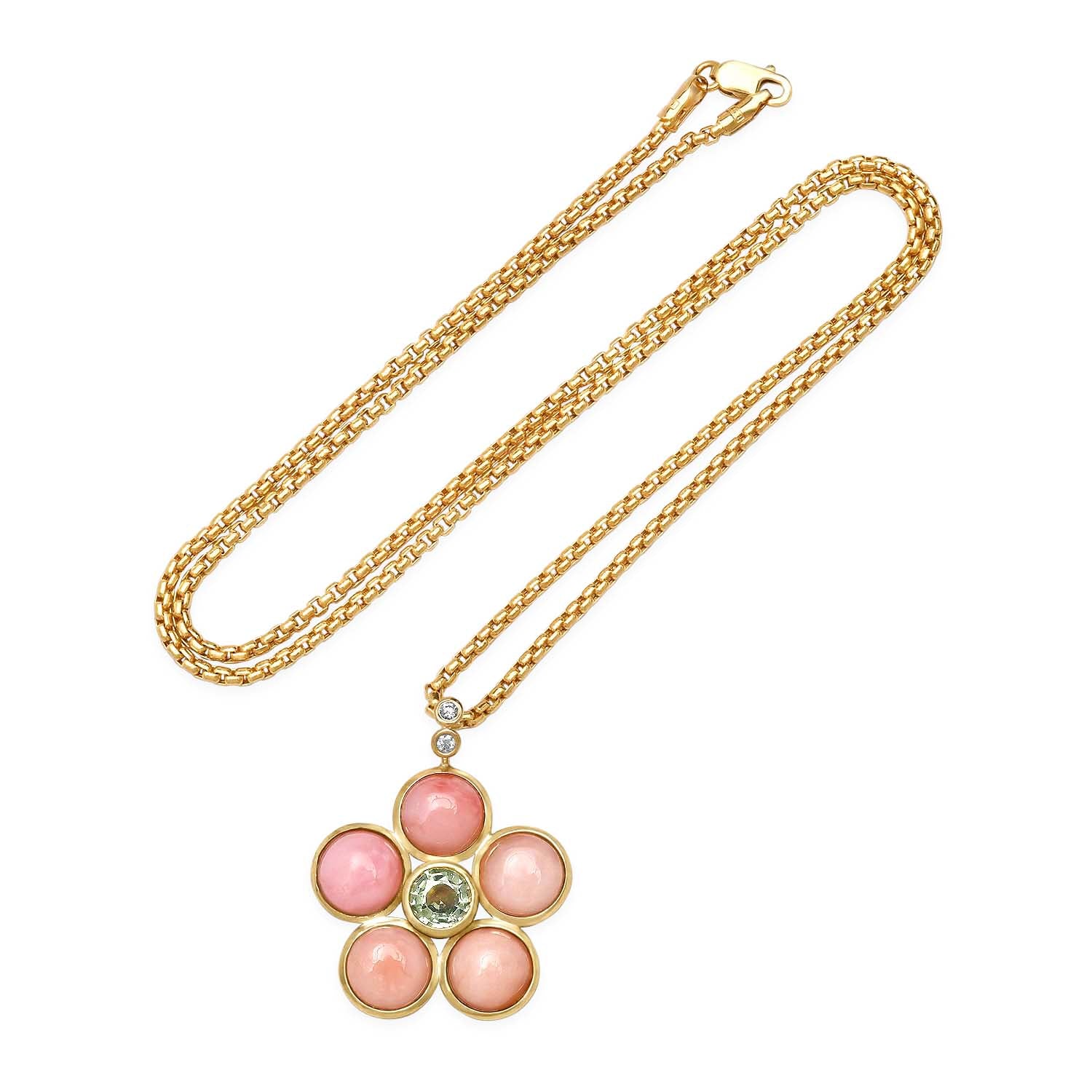 14K Yellow Gold Blossom Necklace Featuring Pink Opal, Green Tourmaline, And Diamond Accents By Sig Ward Jewelry.
