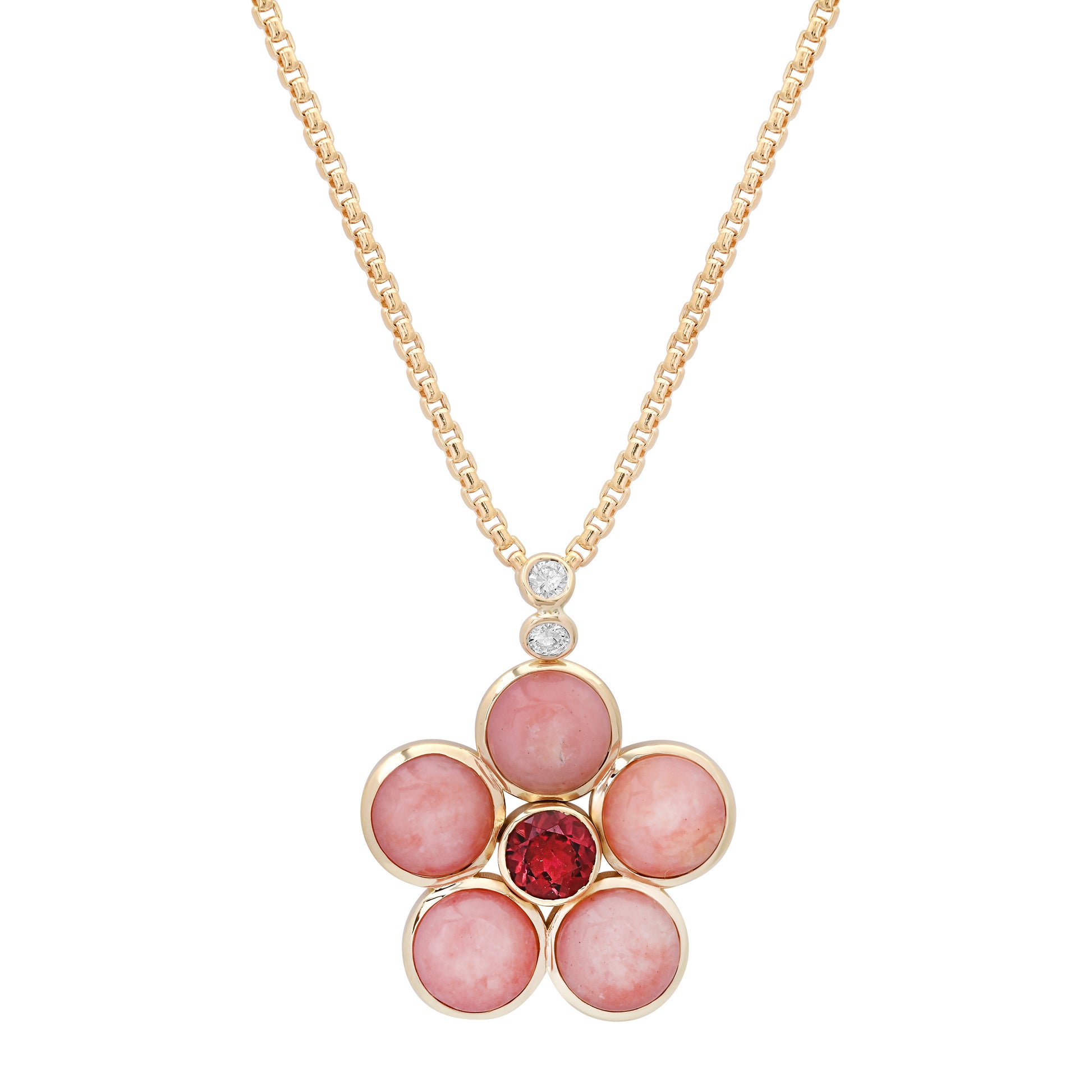 14K yellow gold Pink Opal, Pink Tourmaline, and Diamond Blossom Necklace by Sig Ward Jewelry, featuring natural pink opal, pink tourmaline, and diamond accents in an elegant floral-inspired pendant design.