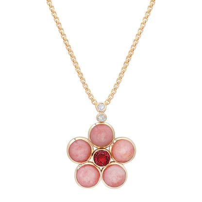 14K yellow gold Pink Opal, Pink Tourmaline, and Diamond Blossom Necklace by Sig Ward Jewelry, featuring natural pink opal, pink tourmaline, and diamond accents in an elegant floral-inspired pendant design.