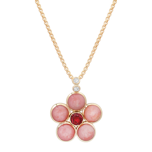 14K yellow gold Pink Opal, Pink Tourmaline, and Diamond Blossom Necklace by Sig Ward Jewelry, featuring natural pink opal, pink tourmaline, and diamond accents in an elegant floral-inspired pendant design.