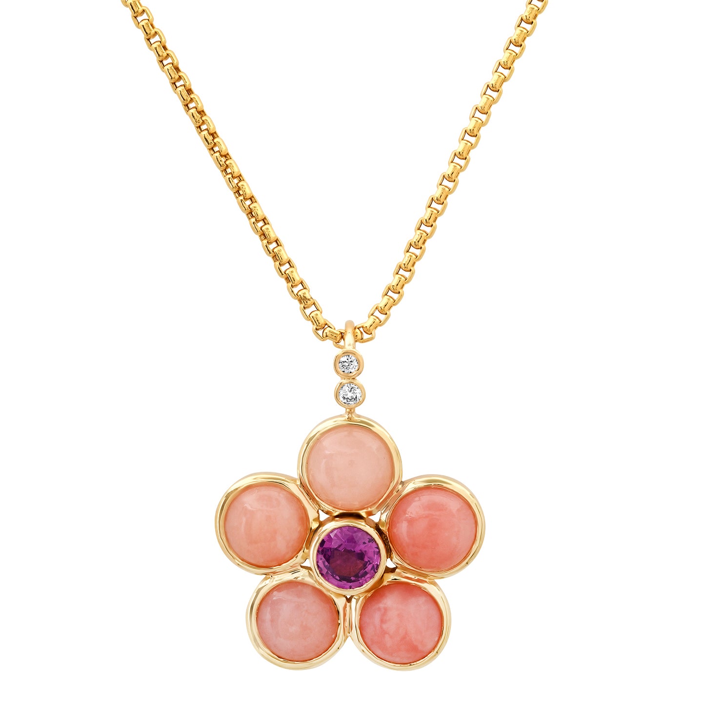 14K YG Pink Opal, Purple Sapphire and Diamond Blossom Necklace by Sig Ward Jewelry lifestyle image showcasing the elegant luxury gemstone necklace design.