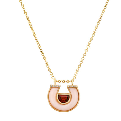 14K Yellow Gold Horseshoe Necklace Featuring Pink Tourmaline, Pink Opal, And Diamond Accents By Sig Ward Jewelry.