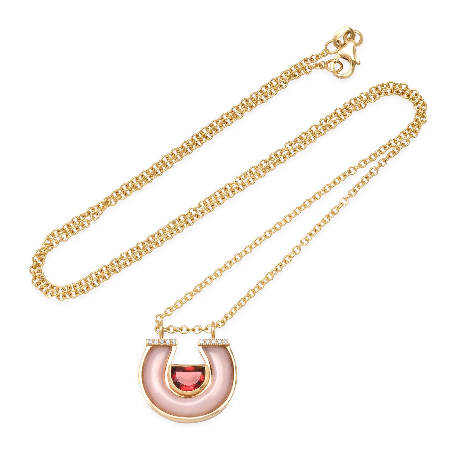 14K Yellow Gold Horseshoe Necklace Featuring Pink Tourmaline, Pink Opal, And Diamond Accents By Sig Ward Jewelry.