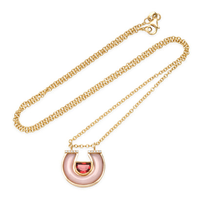 14K Yellow Gold Horseshoe Necklace Featuring Pink Tourmaline, Pink Opal, And Diamond Accents By Sig Ward Jewelry.