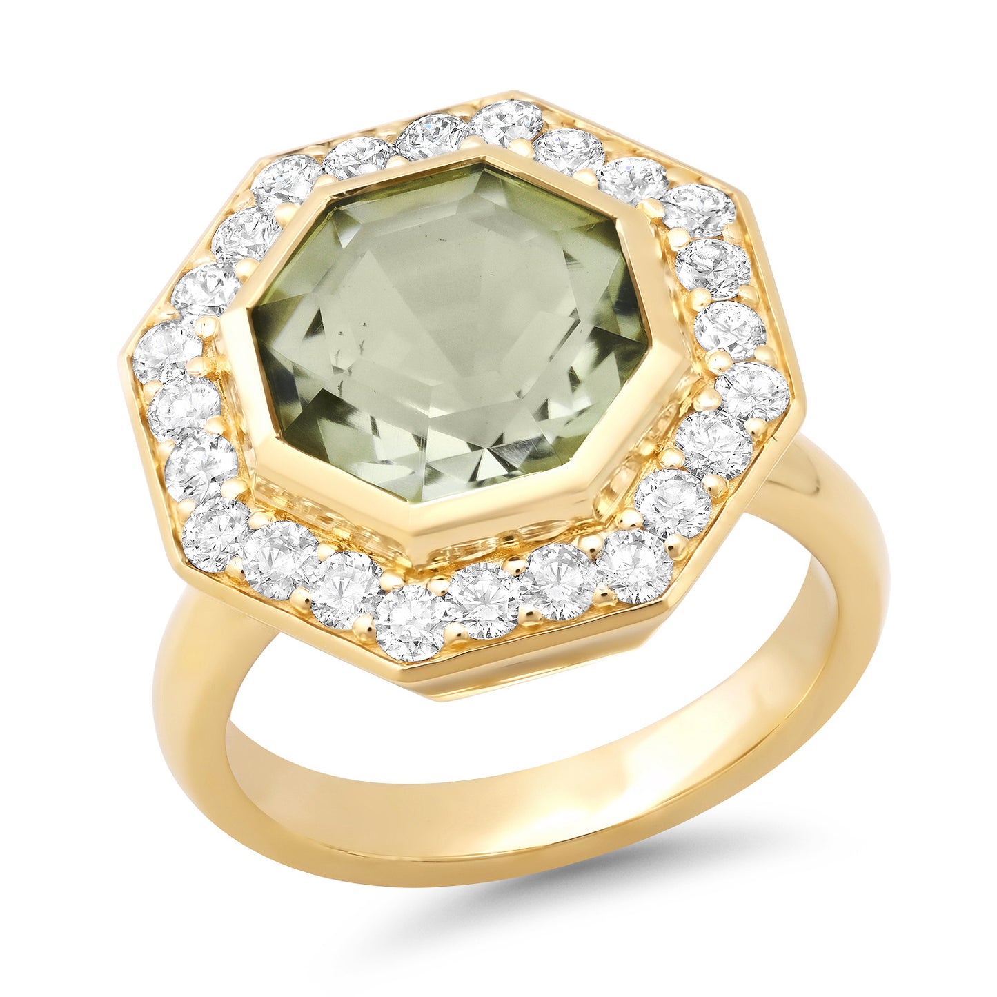 14K Yellow Gold Bia Ring Featuring Prasolite And Diamond By Sig Ward Jewelry.